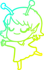 cold gradient line drawing of a smiling alien girl cartoon dancing