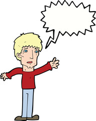 cartoon worried man reaching out with speech bubble