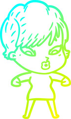 cold gradient line drawing of a cartoon woman