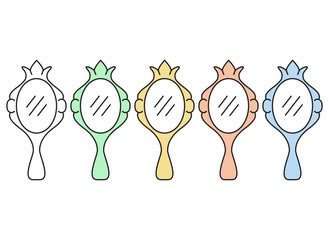 Make up hand mirror for woman.Hand drawn doodle mirror with crown.Mirror frame decorate border. Vector elements of a fairytale.Set mirrors with reflections.Antique accessory.Princes magical mirror.