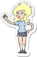retro distressed sticker of a cartoon pretty woman waving for attention