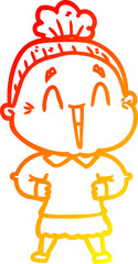 warm gradient line drawing of a cartoon happy old lady