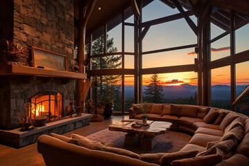 Fototapeta premium A hilltop chalet offering panoramic views of the mountains - capturing stunning sunrise and sunset vistas - serving as an elevated retreat amidst breathtaking scenery.