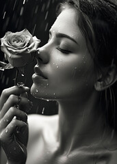 Beautiful woman smelling rose in the rain. Generative Ai