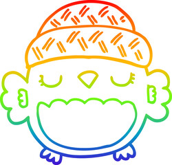 rainbow gradient line drawing of a cute cartoon owl in hat