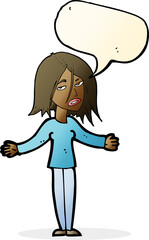 cartoon woman shrugging shoulders with speech bubble