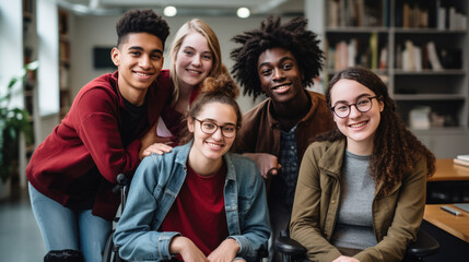 Diverse group of five smiling students gathered around a laptop in a library
