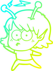 cold gradient line drawing of a cartoon alien girl
