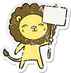 distressed sticker of a cartoon lion with protest sign