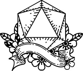 Black and White Tattoo linework Style natural twenty D20 dice roll