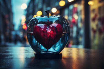  An apple shaped heart in a glass bottle