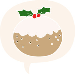 cartoon christmas pudding with speech bubble in retro style