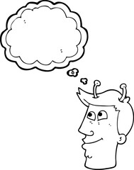 freehand drawn thought bubble cartoon alien man