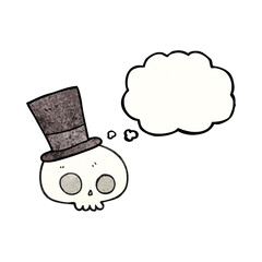 freehand drawn thought bubble textured cartoon skull wearing top hat
