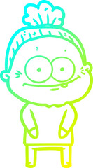 cold gradient line drawing of a cartoon happy old woman