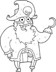 freehand drawn black and white cartoon pirate captain
