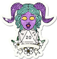 Retro Tattoo Style tiefling with natural twenty dice roll