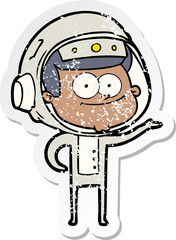 distressed sticker of a happy astronaut cartoon