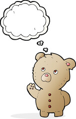 cartoon waving teddy bear with thought bubble
