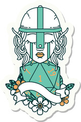 sticker of a crying elf fighter character face with natural one D20 roll