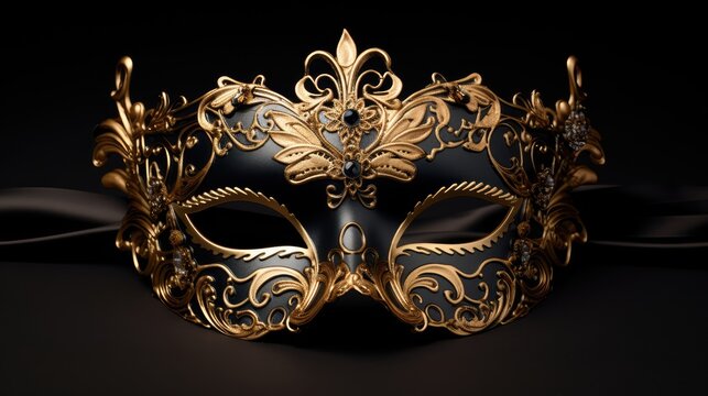 Black and gold carnival mask with patterns on a black background
