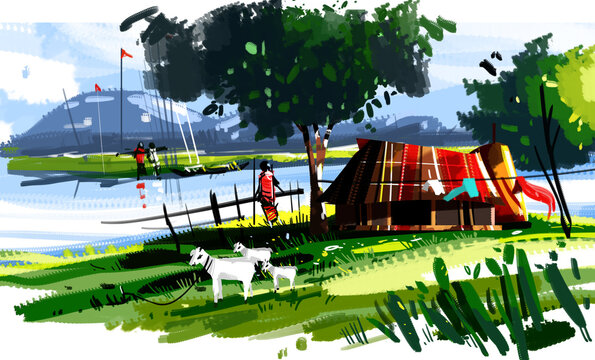 Bangladeshi landscape. Indian village, Lonely cow in the background of the house with a thatched roof. Digital painting. Drawing watercolor. Travel and vacation concept. Village river, alone man