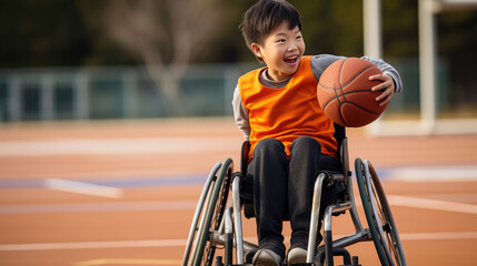 Smiling boy in a wheelchair playing a basketball on an outdoor court.