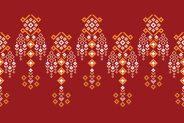 Ethnic geometric fabric pattern Cross Stitch.Ikat embroidery Ethnic oriental Pixel pattern red background. Abstract,vector,illustration. Texture,clothing,frame,decoration,motifs,silk wallpaper.