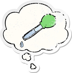 cartoon pipette with thought bubble as a distressed worn sticker