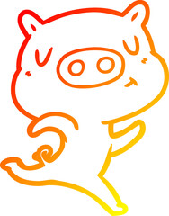 warm gradient line drawing of a cartoon content pig running