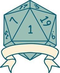 Retro Tattoo Style natural one d20 dice roll