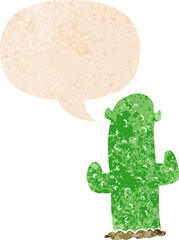 cartoon cactus with speech bubble in grunge distressed retro textured style
