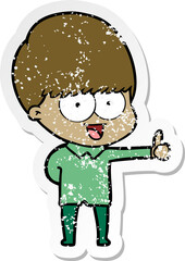 distressed sticker of a happy cartoon boy