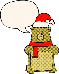 cartoon bear wearing christmas hat with speech bubble in comic book style