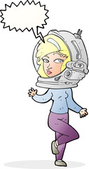 cartoon woman wearing space helmet with speech bubble