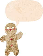cartoon gingerbread man with speech bubble in grunge distressed retro textured style