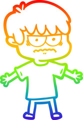 rainbow gradient line drawing of a annoyed cartoon boy