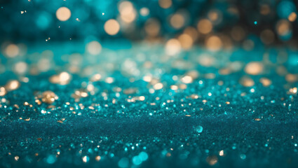 Abstract Background with Royal Azure and Vibrant Teal Particles. Vibrant Teal Bokeh Lights on Majestic Azure Backdrop. Teal Foil Texture, Capturing Holiday Majesty.