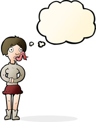 cartoon woman with snake tongue with thought bubble