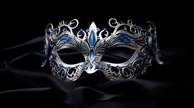 Blue and silver carnival mask with patterns on a black background