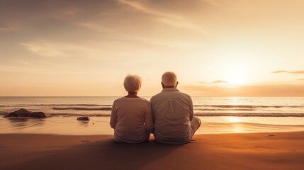 back view of old couple sitting on the floor at the beach looking at the sunset 