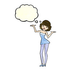 cartoon woman in cocktail dress with thought bubble