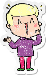 distressed sticker of a cartoon excited man