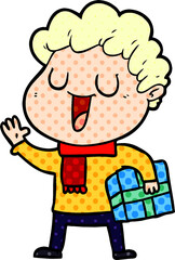 laughing cartoon man with present