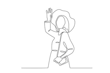 A woman wearing a hat greets her friend. Spring one-line drawing