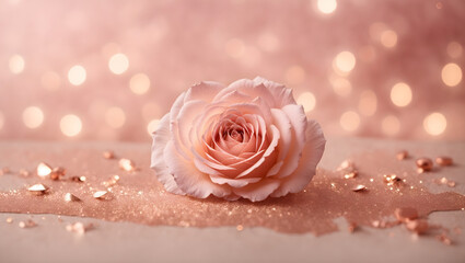 Abstract Background with Soft Pink and Dusky Rose Particles. Twinkling Rose Gold Bokeh Lights on Pastel Pink Canvas. Rose Gold Foil Texture, Embracing Holiday Grace.