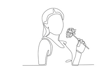 A woman holding a flower. Spring one-line drawing