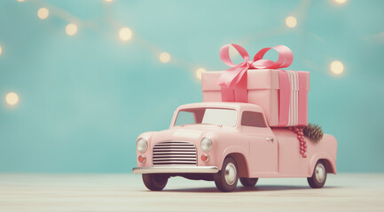 Model of vintage pink truck with pink christmas gift . Blue background, in the style of minimalism. Cute and dreamy