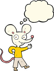cartoon waving mouse with thought bubble