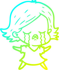 cold gradient line drawing of a cartoon girl crying